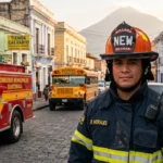 Bombero con casco estructural certificado NFPA frente a una unidad de bomberos