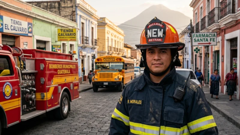 Bombero con casco estructural certificado NFPA frente a una unidad de bomberos