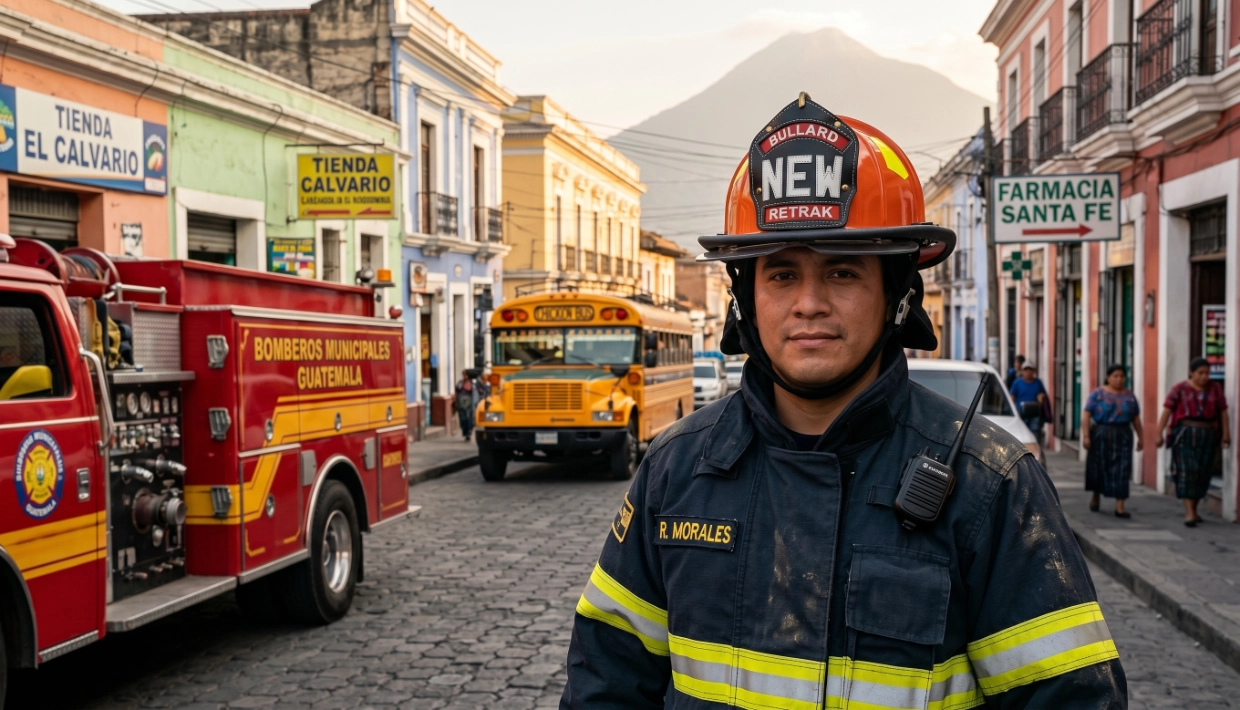 Bombero con casco estructural certificado NFPA frente a una unidad de bomberos