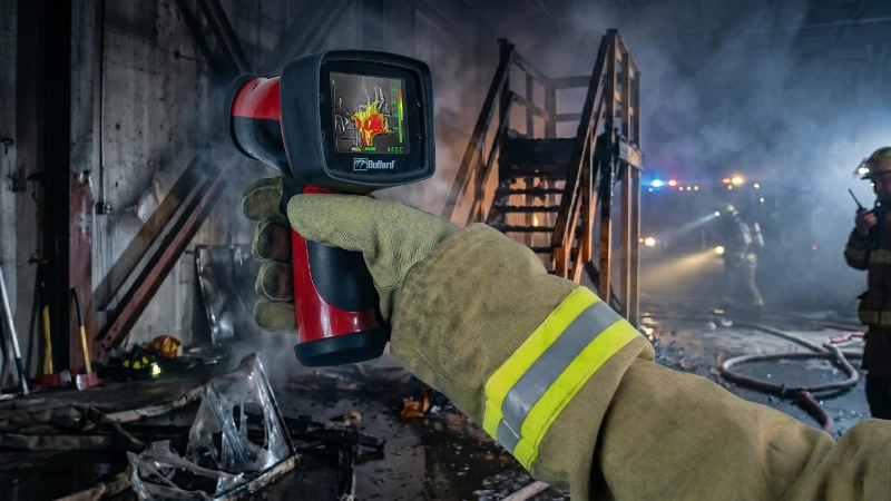 Cámara térmica de mano para bomberos mostrando una imagen infrarroja